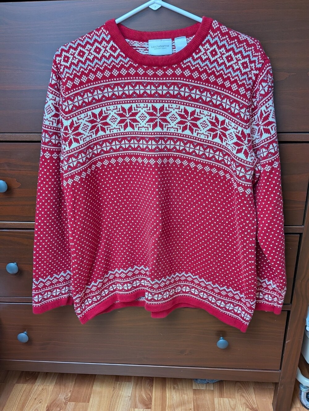 Liz Claiborne Red Snowflake Holiday Winter Sweater Sz L 100% Cotton